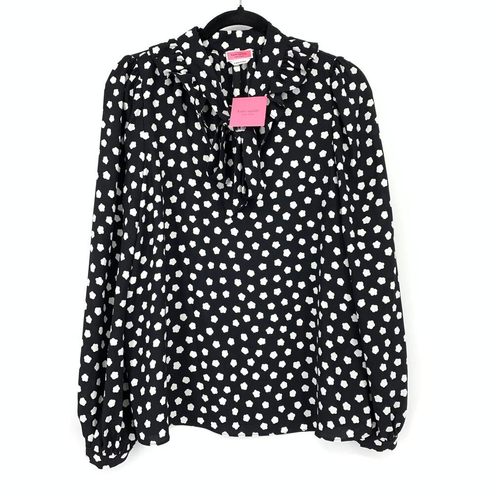 Kate Spade Cloud Dot Blouse Womens Size Small Ruffle Tie Neck Black White NEW